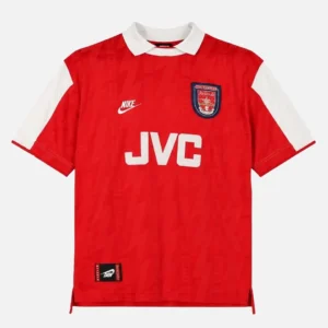 Arsenal hjemmebanetrøje fra 1994/95 i rød og hvid med JVC-sponsor, Nike-logo og klassisk krave.