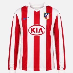 Atletico Madrid langærmet hjemmetrøje fra 2008/09 med røde og hvide lodrette striber, KIA-sponsor og Nike-logo
