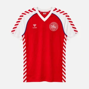 Bagside af Danmarks røde hjemmetrøje med nummer 12 og Hummel-chevrons på ærmerne – klassisk dansk landsholdstrøje