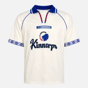 FC København hjemmebanetrøje fra 1998/99 i hvid med blå detaljer, Umbro-logo og Kinnarps sponsor.