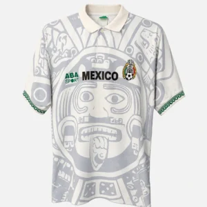 Mexicos hvide udebanetrøje fra 1996 med aztekisk grafisk mønster og ABA Sport-logo – klassisk retro fodboldtrøje i størrelse M