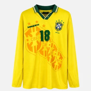 Brasiliens gule langærmede hjemmetrøje fra 1994 med CBF-logo og Umbro-design – nummer 18 Ronaldinho i størrelse L