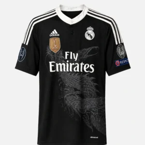 Real Madrid sort limited edition tredjetrøje fra 2014/15 med drage-grafik, Fly Emirates-sponsor og Adidas-logo – nummer 7 Ronaldo i størrelse S