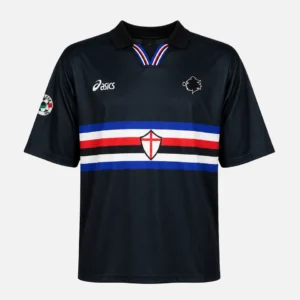 Sampdoria hjemmebanetrøje fra 1997/98 i mørkeblå med klassiske røde, hvide og blå bryststriber samt Asics-logo.